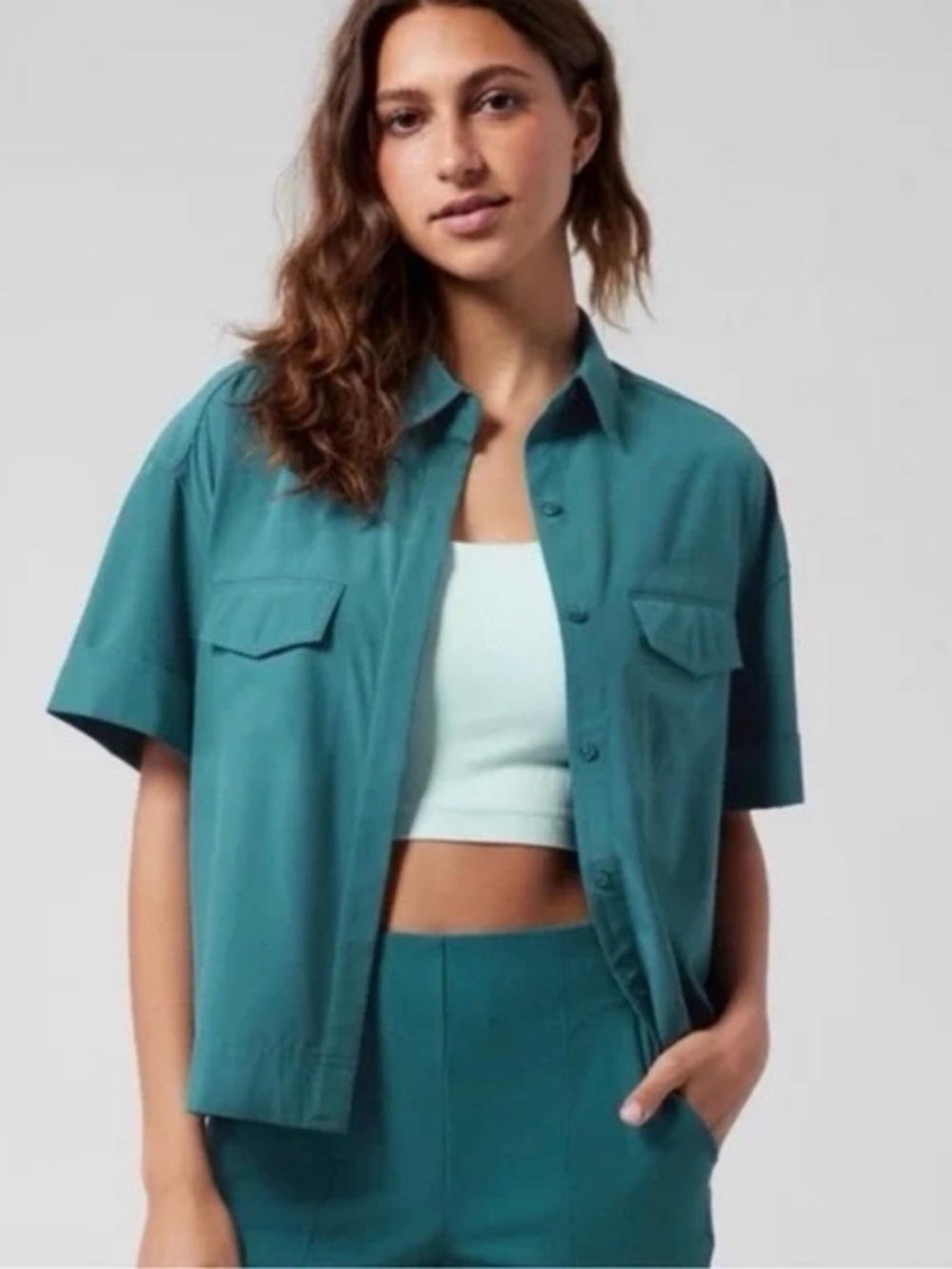 Athleta Short Sleeve Utility Button Down Top